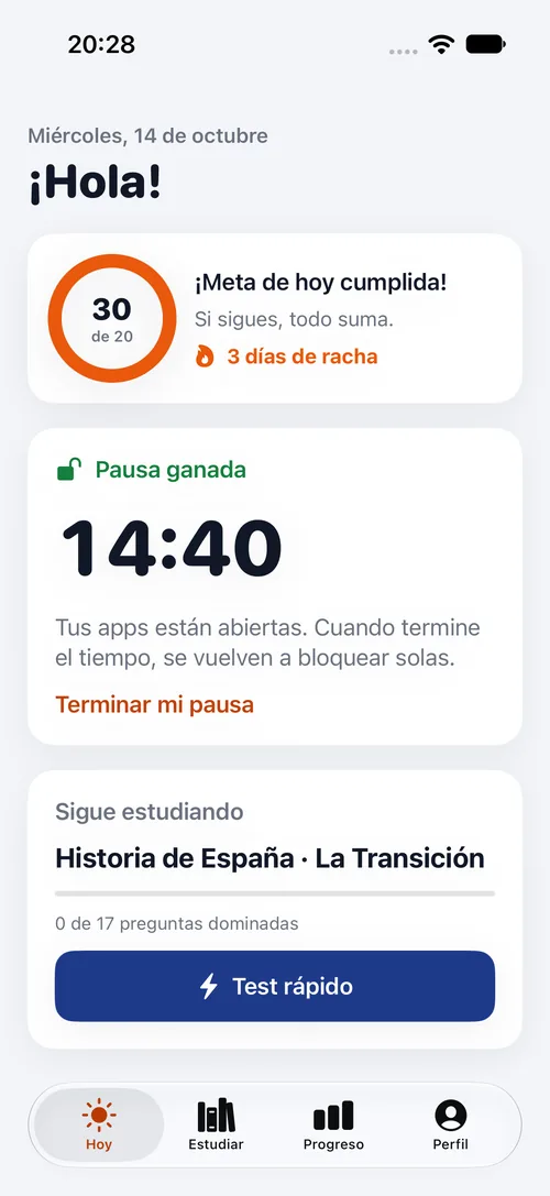 Pantalla Hoy con una pausa ganada: quedan 14 minutos y 40 segundos con las apps abiertas